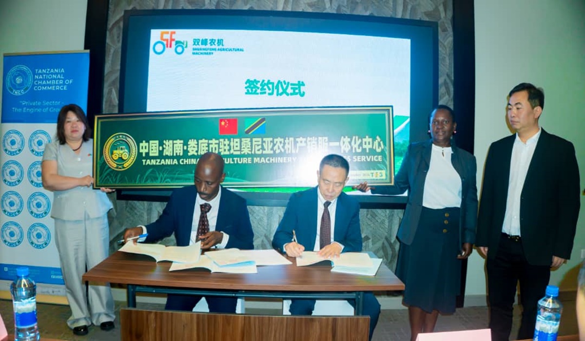 CPA Victorious Kamuntu, the CEO of Tanzania Cashew Growers PLC  and Shuangfeng China, signing MOU on One-stop centre Agricultural Machinery